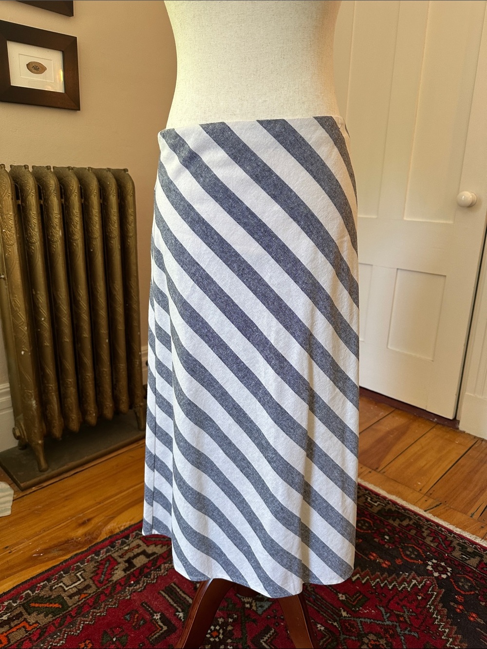J. Crew Linen Bias Cut A-Line Midi Skirt in Navy and White